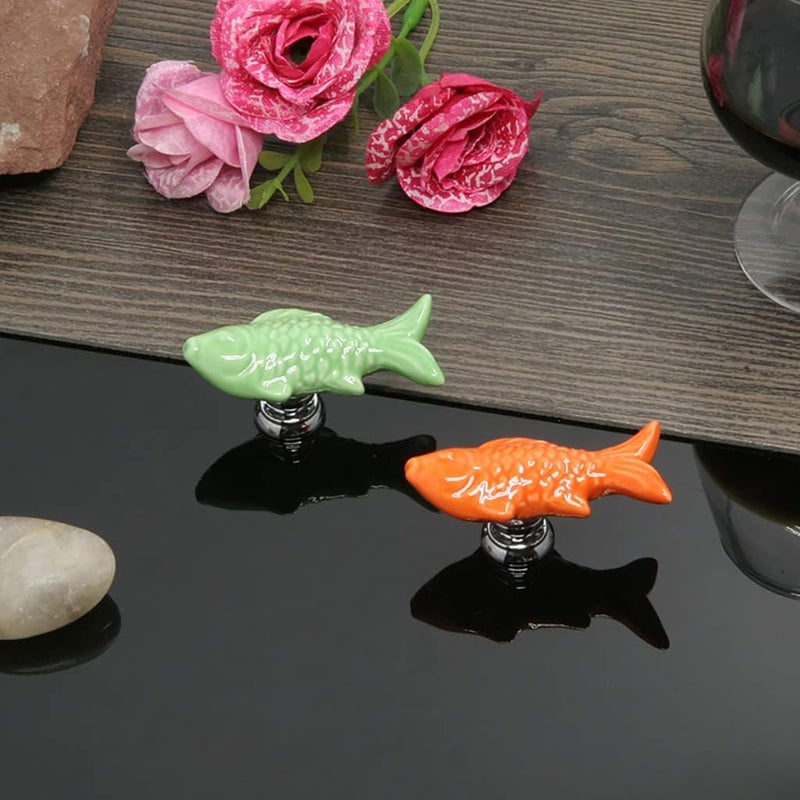 ESreake 10Pcs Fish Shape Ceramic Kids Drawer Knobs, Cute Cartoon Animal Cabinet Knobs with 3 Kinds Screws, Candy Color Baby Boys Girls Knobs Handles Pulls for Drawer Dresser Bookcase (10, Fish-Green) - Image 4